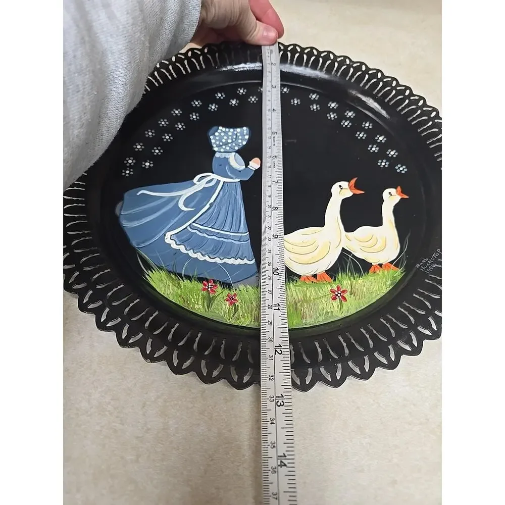 Vtg Hand Painted Tole Metal Tray Lace Edge Folk Art Sunbonnet Girl Geese‎ 1986